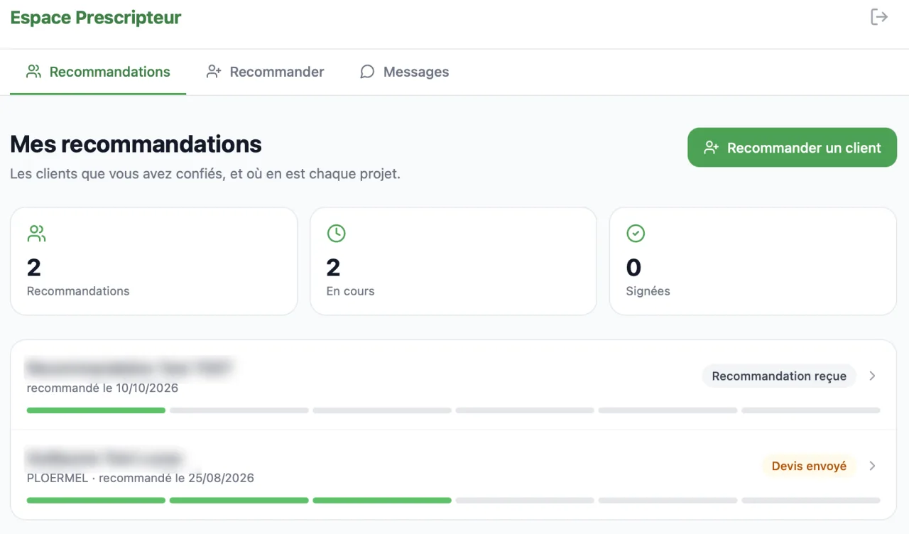 Espace prescripteur : liste des clients recommandés et étape de chaque projet (noms masqués)