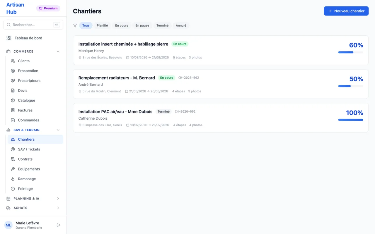 Suivi des chantiers dans le logiciel