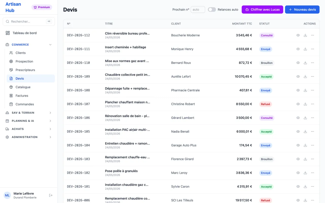 Liste des devis dans le logiciel Artisan Hub