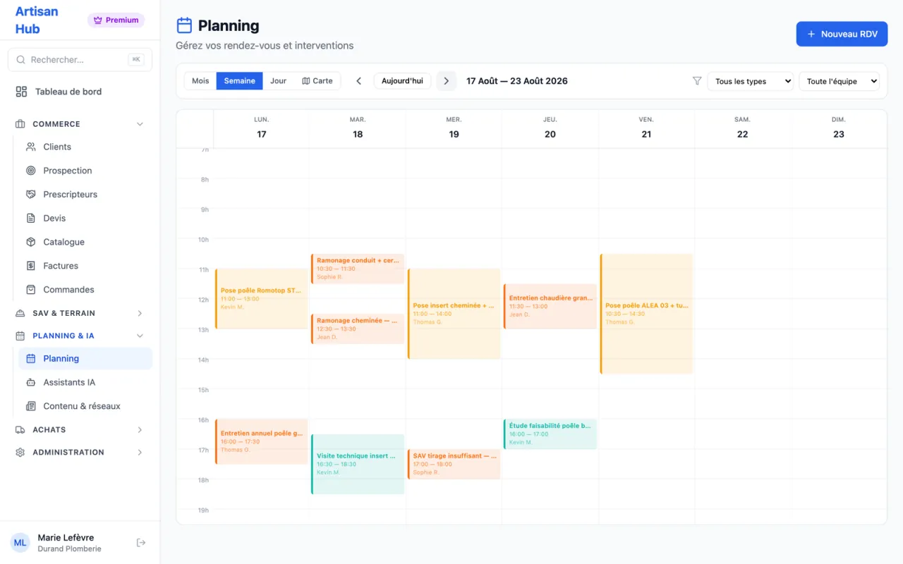 Planning de l'équipe dans l'espace pro